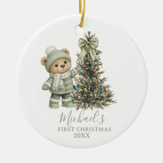 Dusty Green Sage Baby Bear First Christmas Ceramic Tree Decoration
