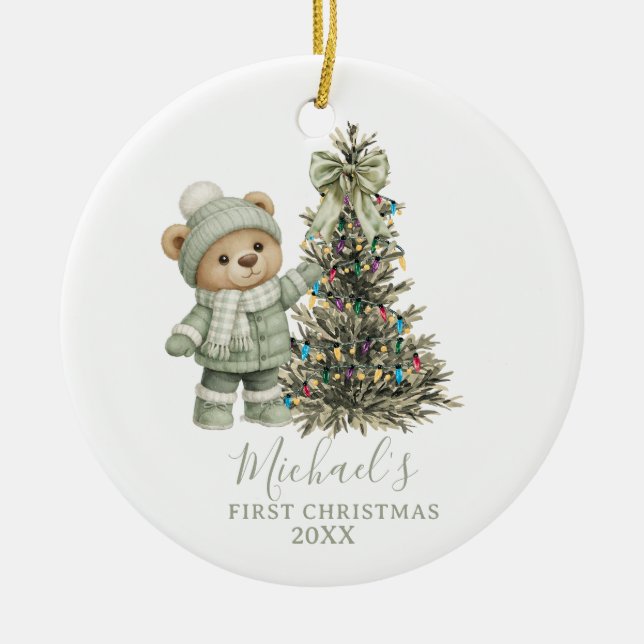 Dusty Green Sage Baby Bear First Christmas Ceramic Tree Decoration (Front)