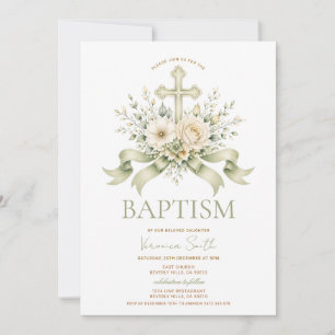 Dusty Green Sage Green Baptism Invitation