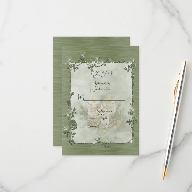 Dusty Green  Shiny Elegant Sparkly Frame  RSVP Card (Front/Back In Situ)