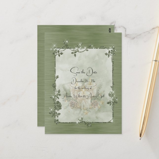 Dusty Green Shiny Elegant Sparkly Save the Date Postcard (Front/Back In Situ)