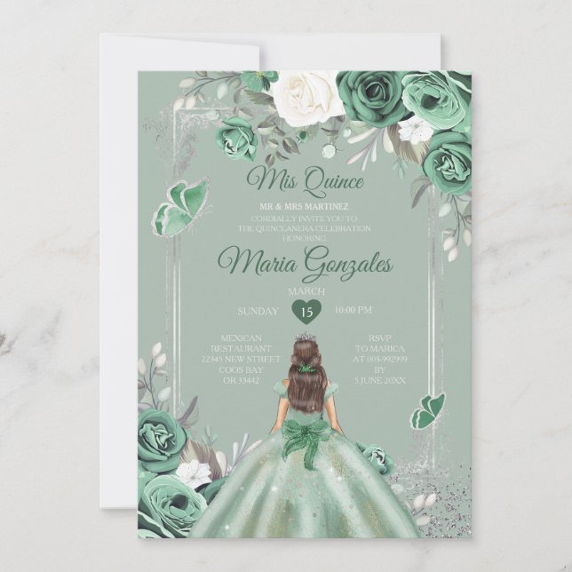 Dusty Green Silver Mis Quince 15 Anos Invitation (Front)