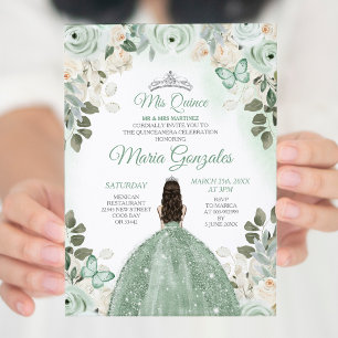 Dusty Green & Silver Mis Quince Floral Quinceañera Invitation
