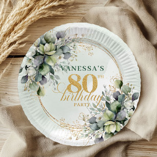 Dusty Green Watercolor 80th Birthday Botanical  Paper Plate