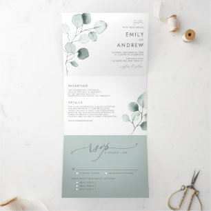 Dusty Green Watercolor Eucalyptus Leaves Wedding Tri-Fold Invitation
