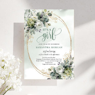 Dusty Green Watercolor Look It’s A Girl Invitation