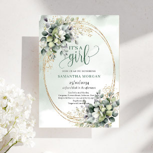 Dusty Green Watercolor Look It’s A Girl Invitation
