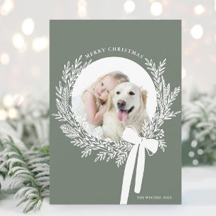 Dusty Green & White Christmas Wreath Minimal Photo Holiday Card