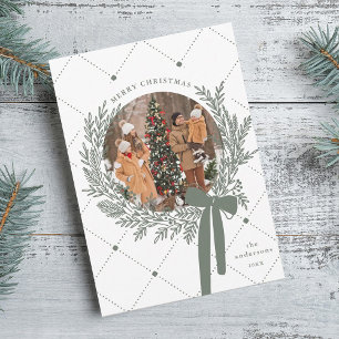 Dusty Green & White Christmas Wreath Photo Holiday Card