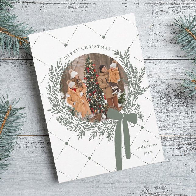 Dusty Green & White Christmas Wreath Photo  Holiday Card (Creator Uploaded)