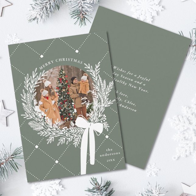 Dusty Green & White Christmas Wreath Photo  Holiday Card (Front & Back)