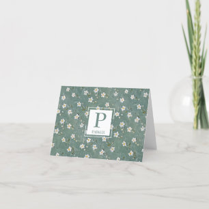 Dusty Green White Floral Monogrammed Thank You Card