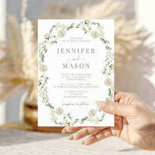 Dusty Green White Floral Wreath Bohemian Wedding Invitation