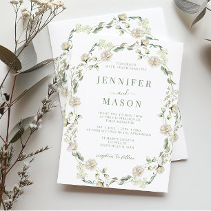 Dusty Green White Floral Wreath Bohemian Wedding Invitation