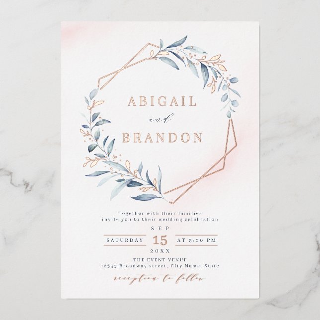 Dusty Greenery Rose Gold Geometric Rustic Wedding (Front)