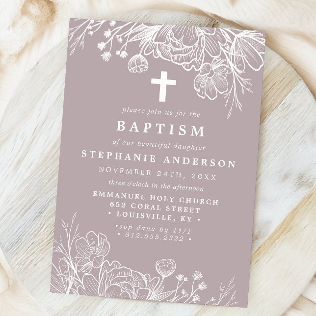 Dusty Lavender and White Floral Baptism Invitation (Creator Uploaded)