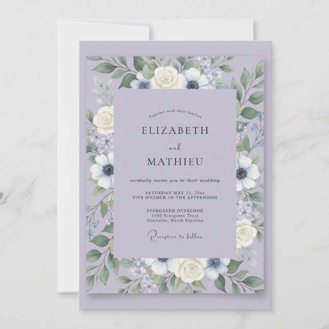 Dusty Lavender Lilac Leafy Wedding Invitation (Front)