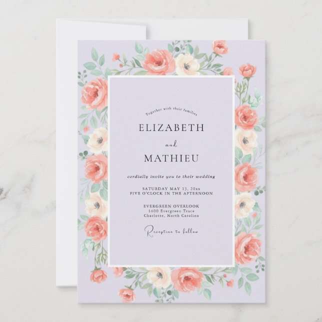 Dusty Lavender Peach Peony Wedding Invitation (Front)
