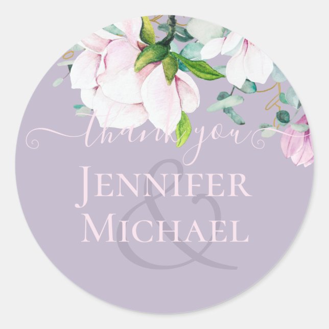 Dusty Lavender Pink Magnolias Eucalyptus ThankYou Classic Round Sticker (Front)