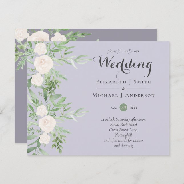Dusty LAVENDER Sage Floral BUDGET WEDDING Invites (Front/Back)