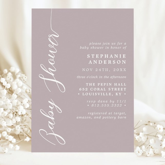 Dusty Lavender Simple Modern Script Baby Shower Invitation (Creator Uploaded)