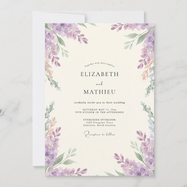 Dusty Lavender Wisteria Wedding Invitation (Front)