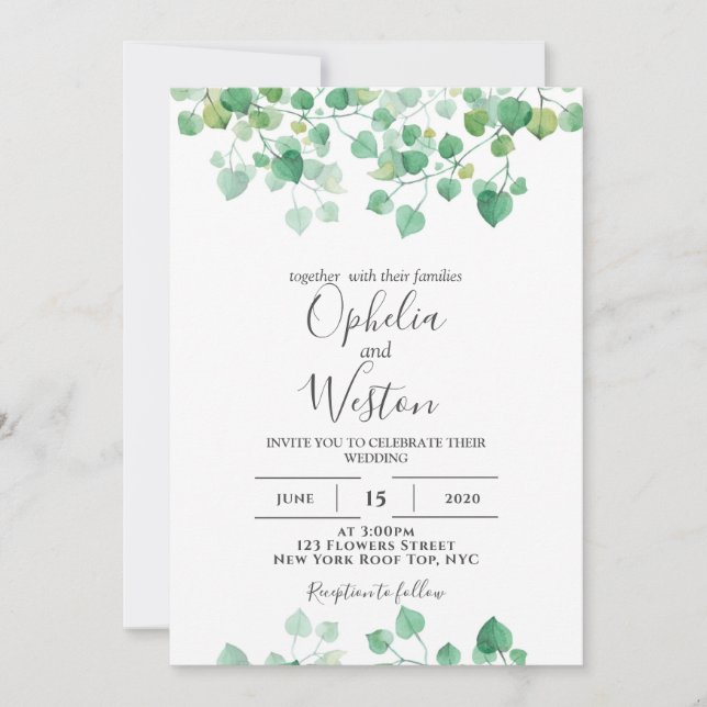 Dusty Leaf Greenery Modern Wedding Invitation (Front)