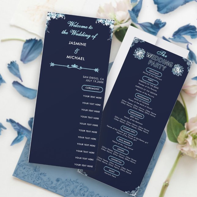 Dusty Light Blue Floral Navy Boho Wedding Program  (Creator Uploaded)