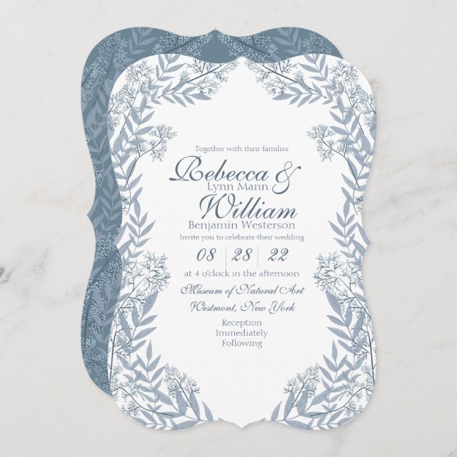Dusty Light Blue Wedding Vintage Botanical Invitation (Front/Back)