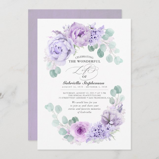 Dusty Light Purple Flowers Dreamy Elegant Funeral Invitation (Front/Back)