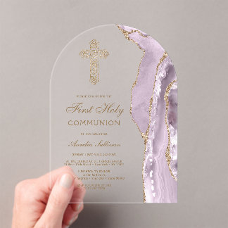 Dusty Lilac Agate First Communion Acrylic Invitations