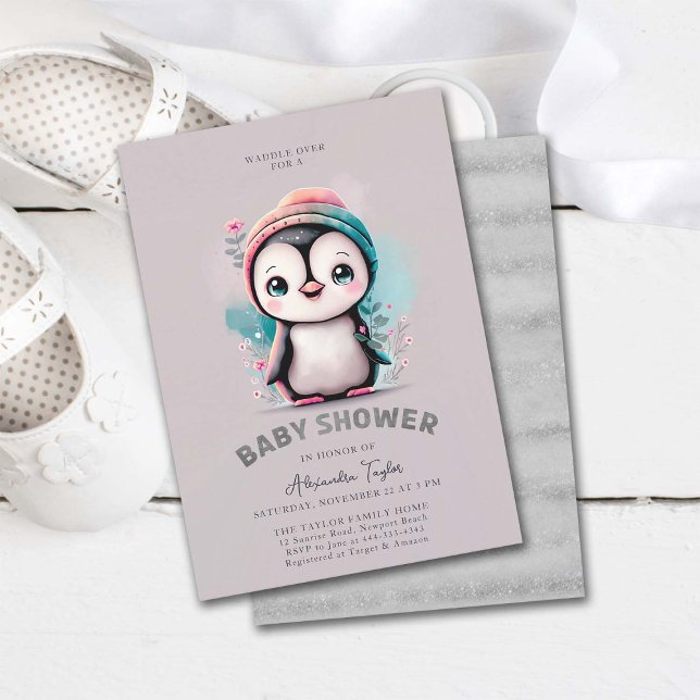 Dusty Lilac Cute Penguin Winter Girl Baby Shower Invitation (penguin baby shower invitation girl cute sweet adorable character watercolor winter cold outside)