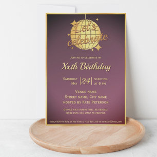 Dusty lilac gold disco ball birthday party  invitation