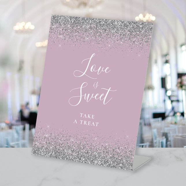 Dusty Lilac Silver Glitter Wedding Love Is Sweet Pedestal Sign (Creator Uploaded)
