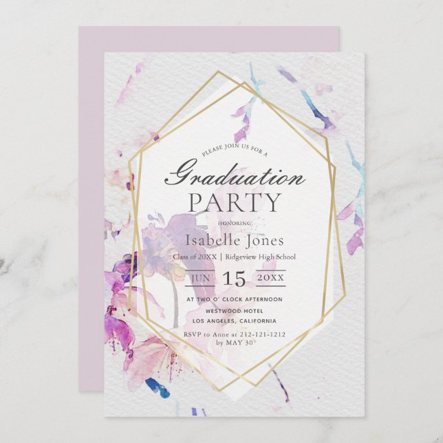 Dusty Lilac Watercolor Floral Graduation Invitation (Front/Back)