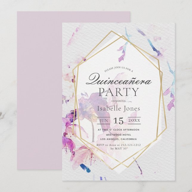 Dusty Lilac Watercolor Floral Quinceañera Invitation (Front/Back)
