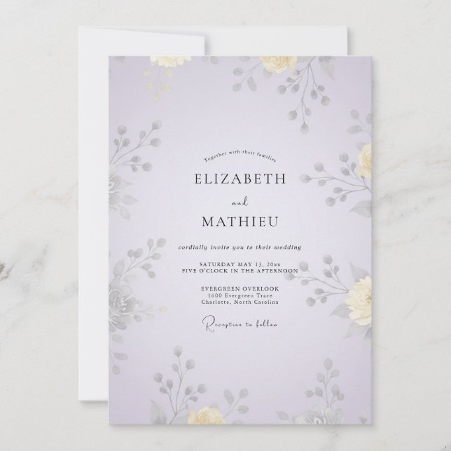 Dusty Lilac Yellow Blossom Wedding Invitation (Front)