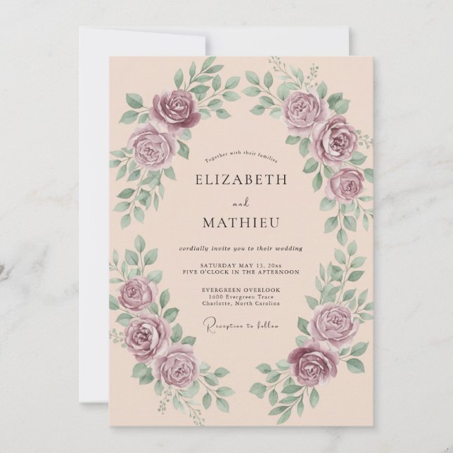 Dusty Mauve Airy Botanical Wedding Invitation (Front)