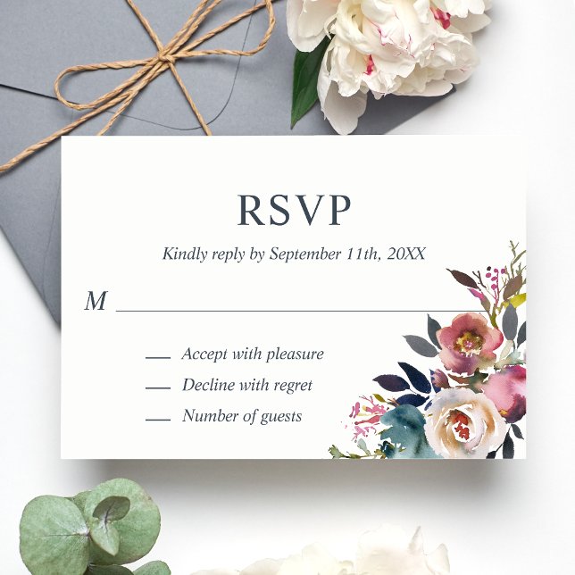 Dusty Mauve Blue Watercolor Floral RSVP Wedding Card (Creator Uploaded)