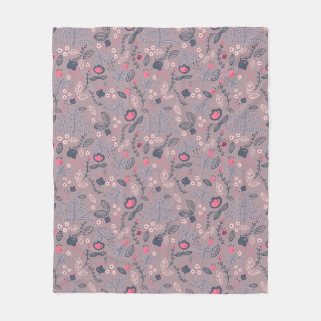 Dusty Mauve & Blush Pink Doodle Floral Pattern Fleece Blanket (Front)