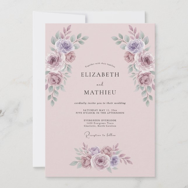 Dusty Mauve Botanical Romance Wedding Invitation (Front)