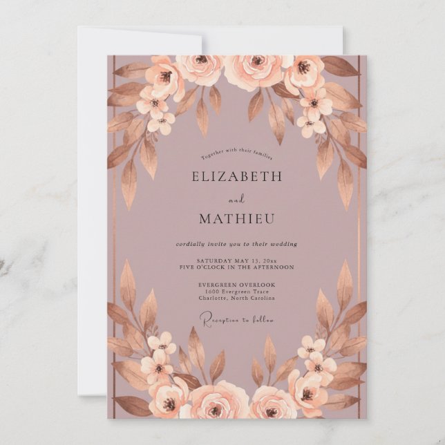 Dusty Mauve Copper Foliage Eucalyptus Wedding Invitation (Front)
