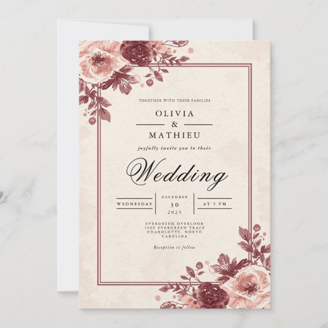 Dusty Mauve Floral Frame Wedding Invitation (Front)