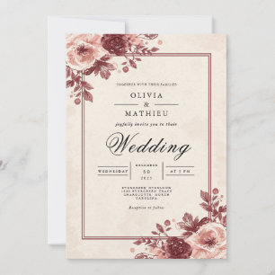 Dusty Mauve Floral Frame Wedding Invitation