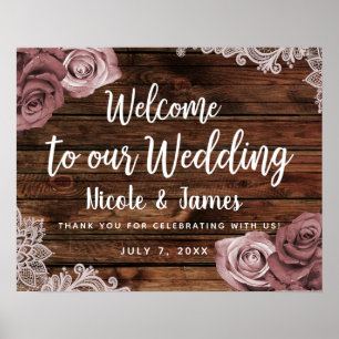 Dusty Mauve Floral Roses Rustic Wood Lace Wedding Poster