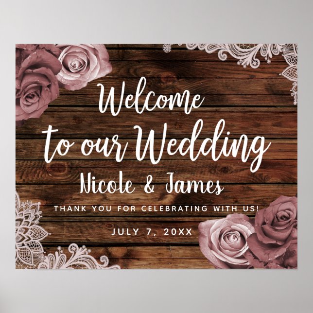 Dusty Mauve Floral Roses Rustic Wood Lace Wedding Poster (Front)