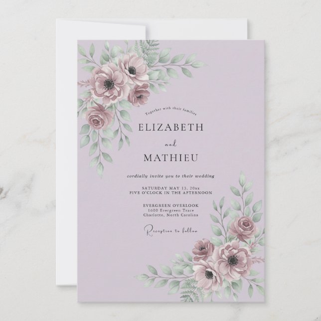 Dusty Mauve Floral Wedding Invitation (Front)