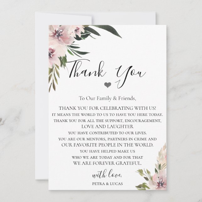 Dusty Mauve Floral Wedding Reception Thank You (Front)