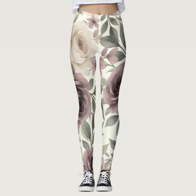 Dusty Mauve & Ivory Bloom Botanical Leggings (Front)