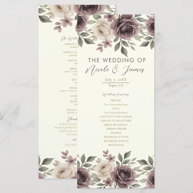 Dusty Mauve Ivory Bloom Botanical Wedding Program Menu (Front/Back)
